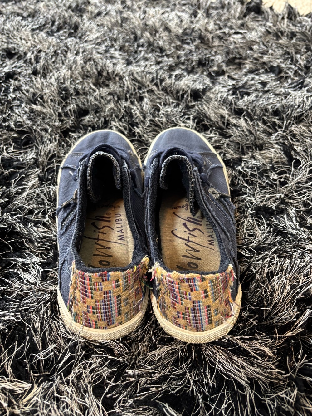 Blowfish Womens Navy Canvas Slip-On Shoes with Multicolor Woven Heel